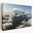 Large airship illustration in muted gray and blue tones on stretched canvas, suitable for kitchen wall art.