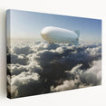 Large airship illustration in muted gray and blue tones on stretched canvas, suitable for kitchen wall art.