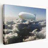Large airship illustration in muted gray and blue tones on stretched canvas, suitable for kitchen wall art.