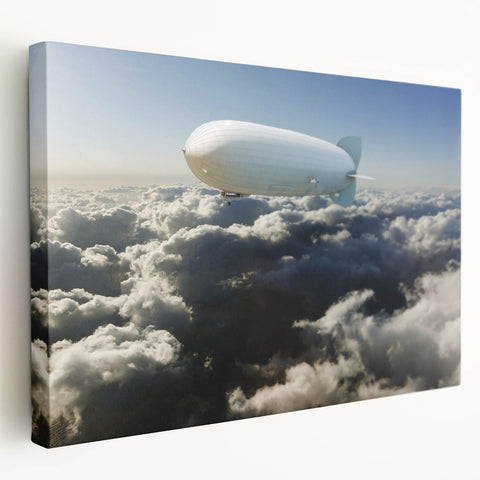 Large airship illustration in muted gray and blue tones on stretched canvas, suitable for kitchen wall art.