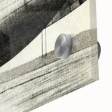 Mid-century modernist art featuring abstract airship designs in muted earth tones on large acrylic glass.