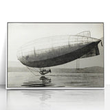 Mid-century modernist airship illustration in soft pastel colors on a white acrylic framed poster.