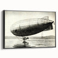 Black and white vintage poster art of an airship, framed canvas, ideal for bedroom wall decor.