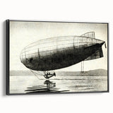 Black and white vintage poster art of an airship, framed canvas, ideal for bedroom wall decor.