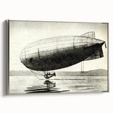 Framed canvas of a vintage airship over a landscape, in black with colorful accents, suitable for an office or study.