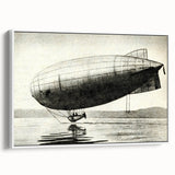 Vintage poster art of a colorful airship on a black background, framed canvas, ideal for living room decor.