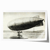 Vintage airship illustration in muted earth tones on a rolled print, suitable for art wall dining room.
