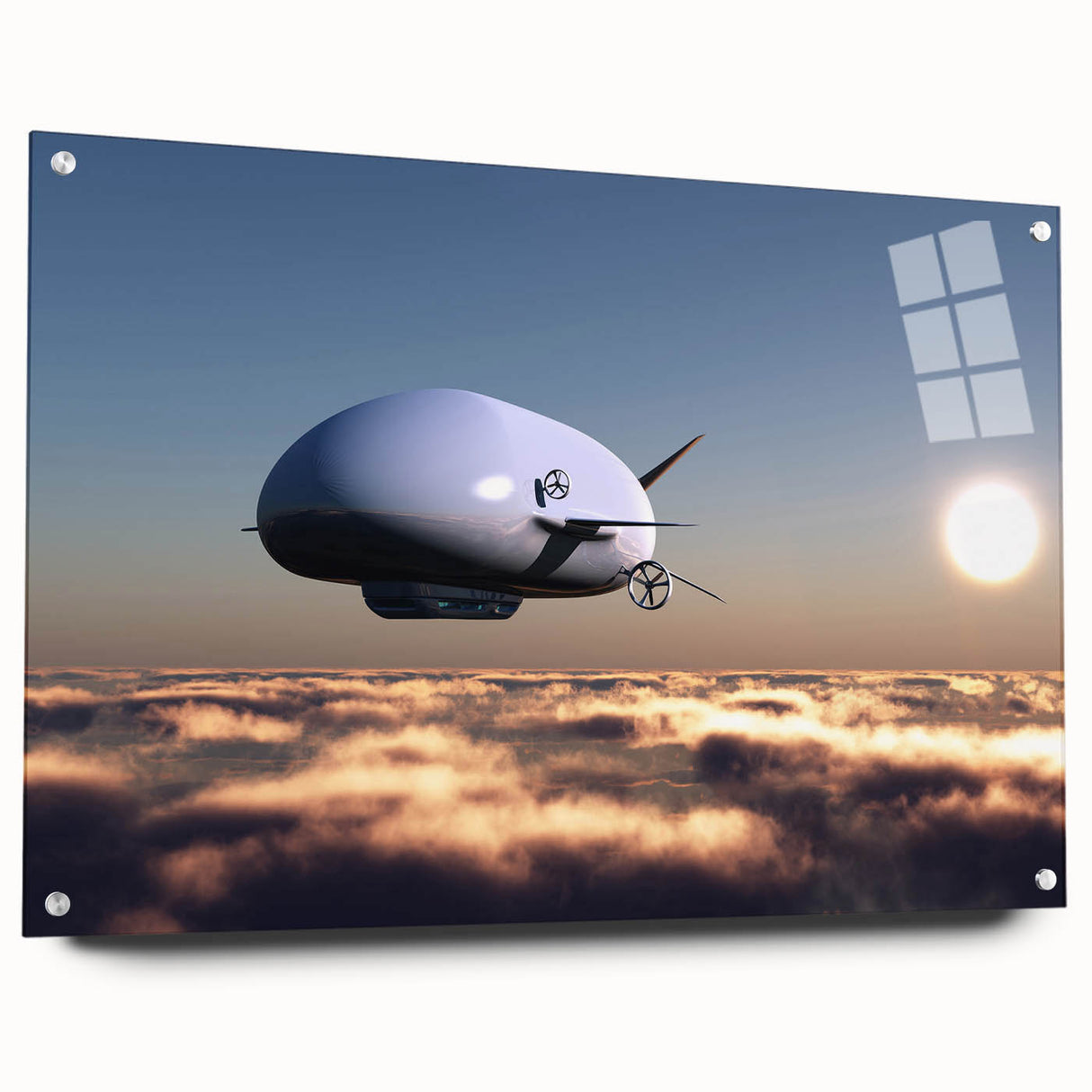 Acrylic print of an airship in muted gray and blue tones, suited for bedroom or dining room decor.