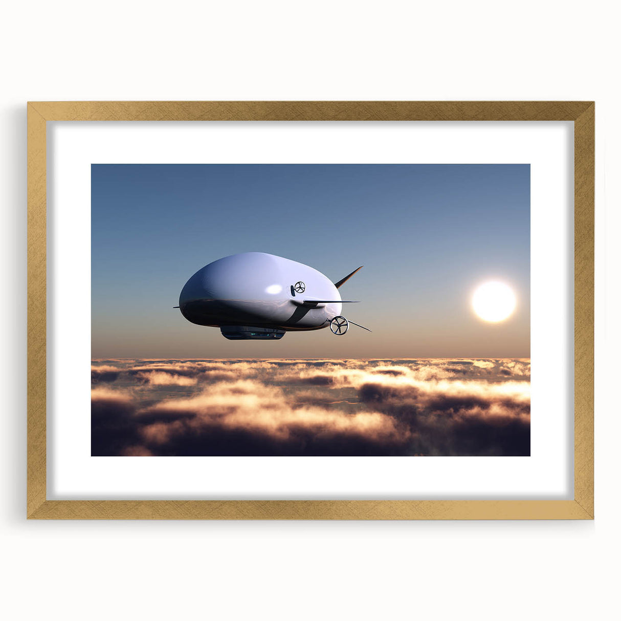 Abstract art print featuring a stylized airship in muted gray and gold tones on a framed canvas.