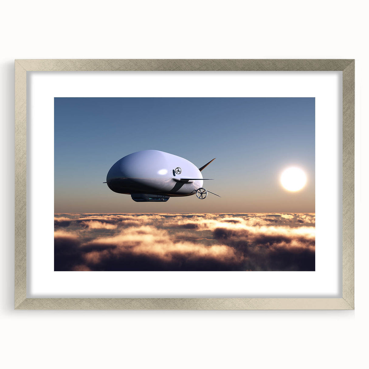 Textured abstract art print of an airship in muted grays and blues, framed in silver, ideal for bedroom art.