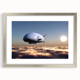 Textured abstract art print of an airship in muted grays and blues, framed in silver, ideal for bedroom art.