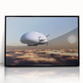 Large abstract wall art with mid-century modernist airship design in black and white tones, framed acrylic.