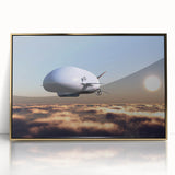 Art deco poster of an airship in muted gold and silver tones, framed acrylic, ideal for nursery wall art.