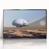 Mid-century modernist airship illustration in muted gray, framed in silver acrylic, suitable for nursery wall art.