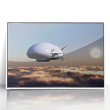 Mid-century modernist airship depicted in muted gray and blue tones on a white acrylic framed poster.