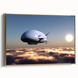Framed canvas featuring a vintage airship landscape in black and gold, ideal for bedroom wall art.