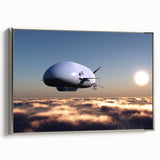 Framed canvas featuring a vintage airship in landscape art, with a black and colorful art palette, ideal for office decor.