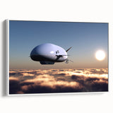 Vintage poster art of a colorful airship on a black background, framed canvas, ideal for living room decor.