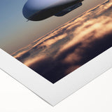 Art deco poster of an airship in muted gold and navy hues on rolled canvas, suitable for dining room wall art.