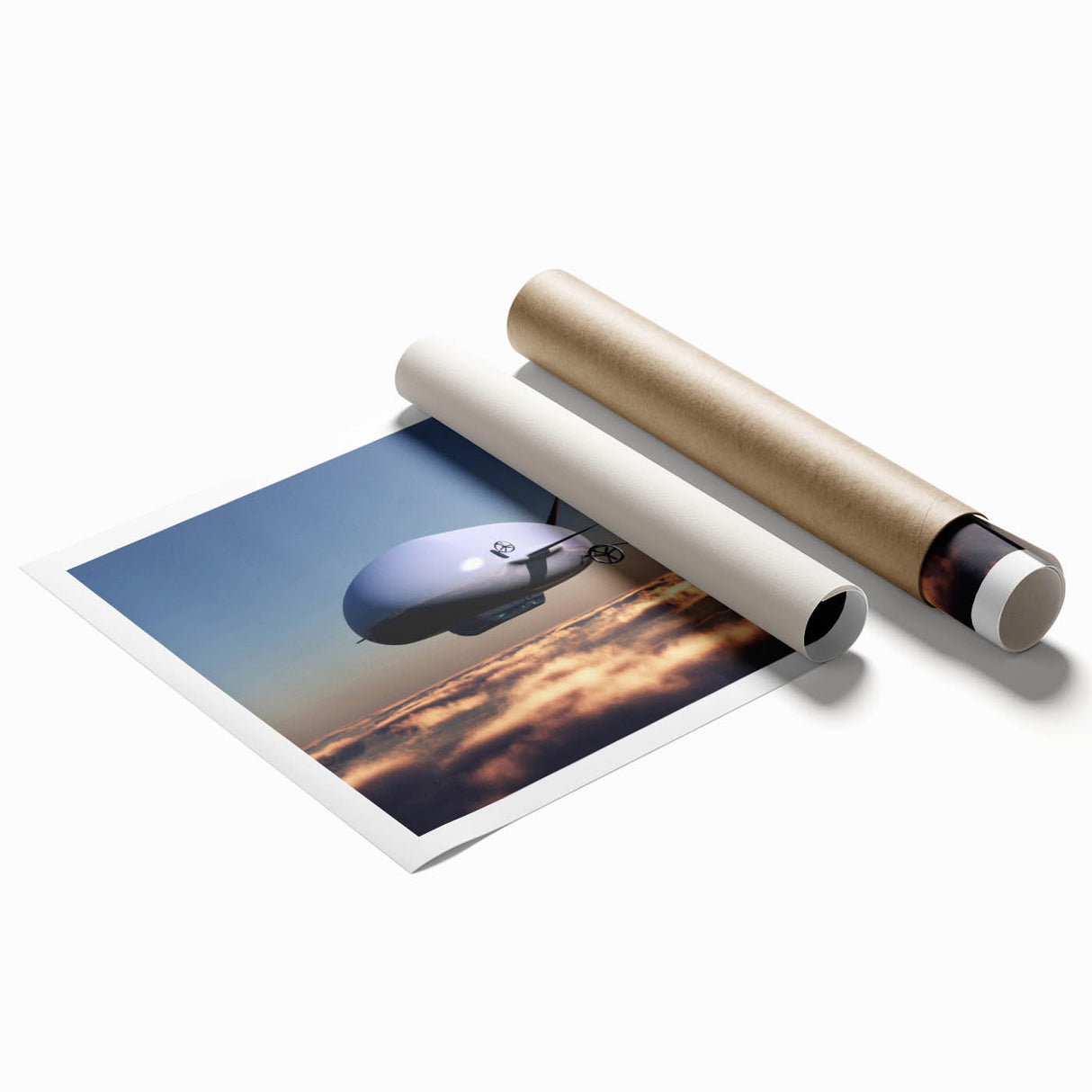 Rolled print featuring a vintage airship in muted sepia tones, ideal for classy bathroom wall art.