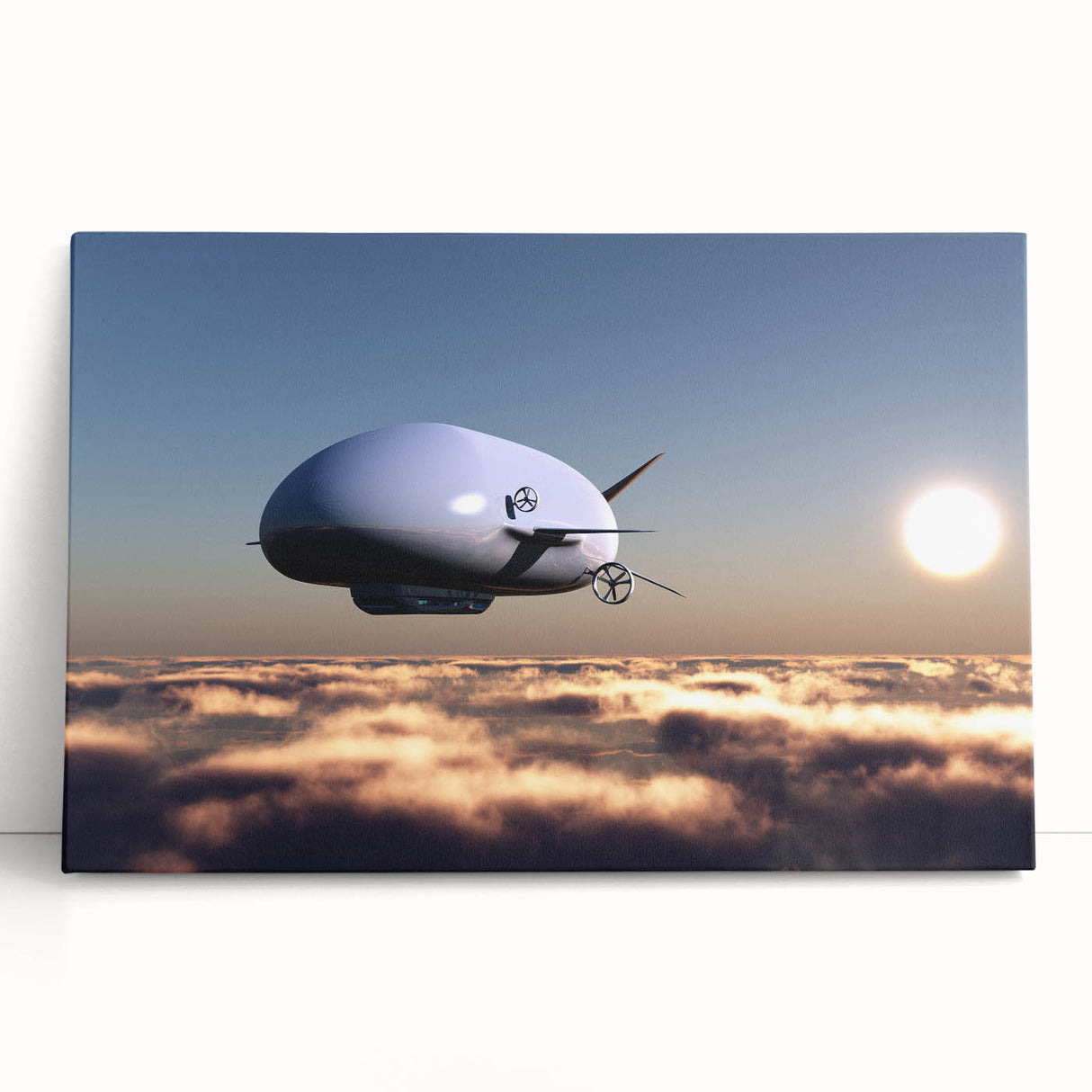 Black and white stretched canvas featuring a large airship, ideal for kitchen wall art or bedroom ambiance.