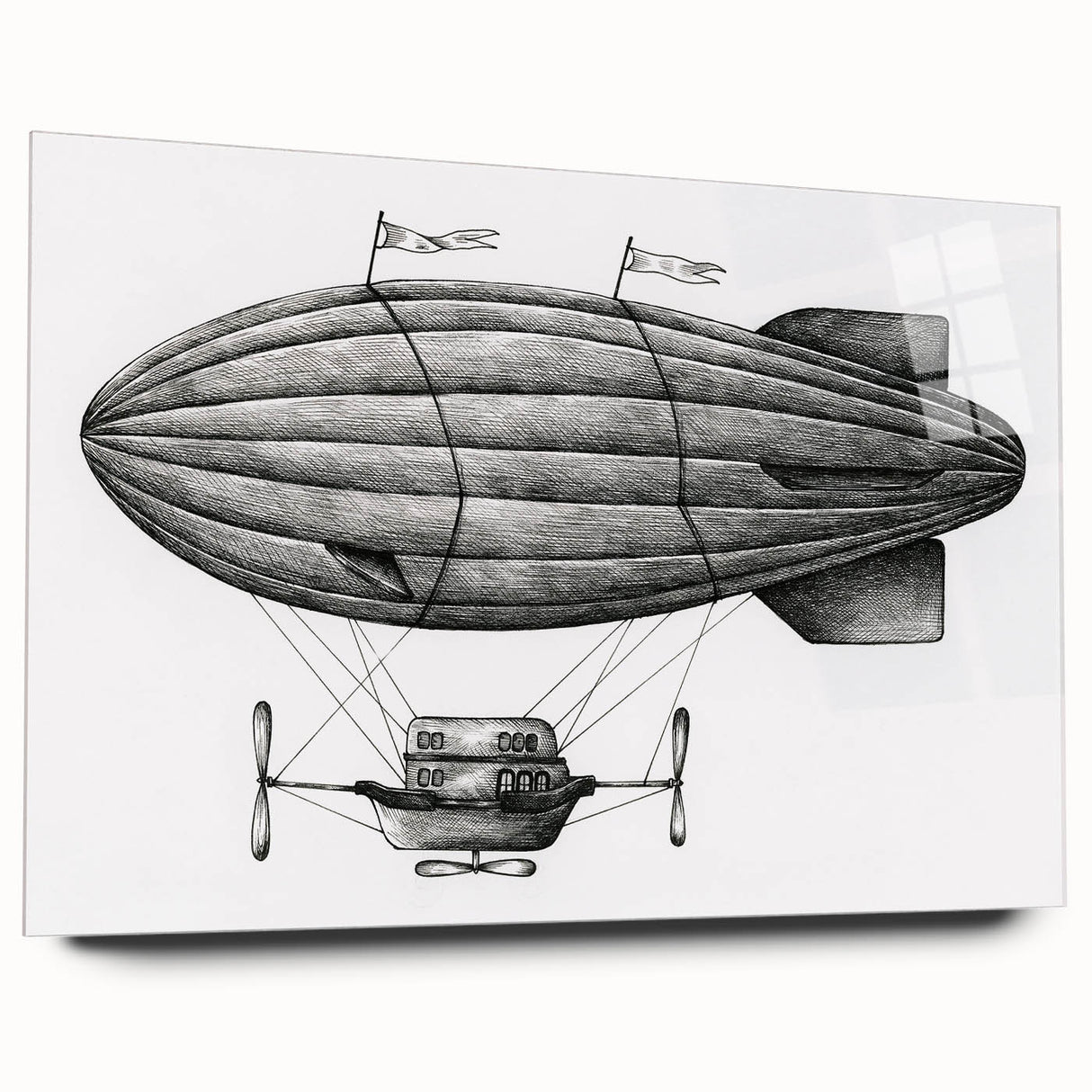 Acrylic print of a large abstract airship in muted gray and blue tones, ideal for modern bedroom or dining room decor.