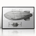 Large abstract wall art featuring a mid-century modernist airship in muted gray and blue tones, framed in black acrylic.
