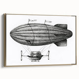 Vintage poster art of an airship in colorful hues on a black background, framed canvas, suitable for living room decor.