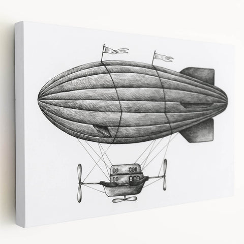 Side view of a stretched canvas featuring a vintage airship in muted sepia tones, ideal for kitchen wall art.