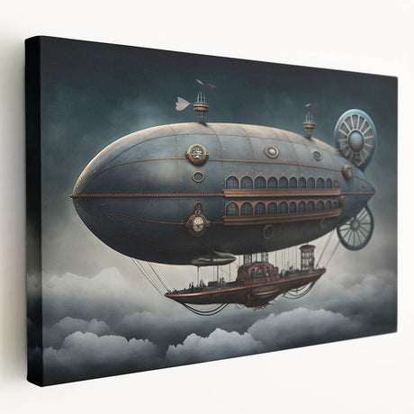 Vintage airship illustration in muted sepia tones on stretched canvas, suitable for kitchen wall art.