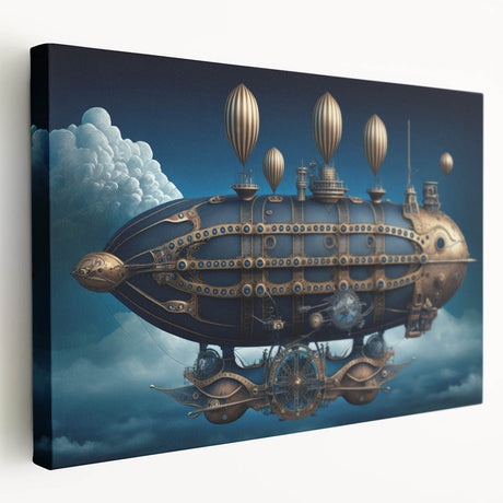 Vintage airship graphic in muted sepia tones on a stretched canvas, suitable for kitchen wall art.