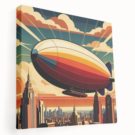 Airship illustration in muted grays and blues on a large stretched canvas, suitable for kitchen wall art.