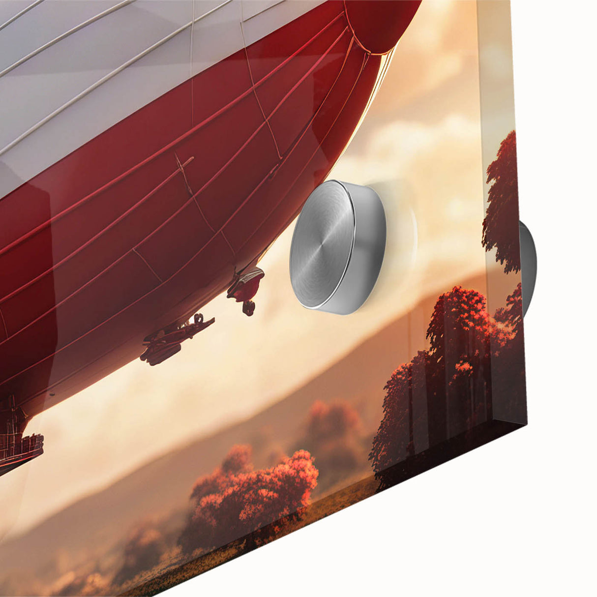 Mid-century modernist airship depicted in large abstract style with muted earth tones on acrylic glass.
