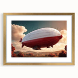 Abstract art print of an airship in muted gold and beige tones, framed with a matte gold border.