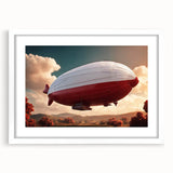 Extra large abstract art print of an airship in muted gray and blue tones, framed with a white mat.