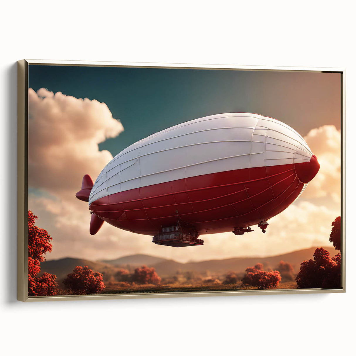 Framed canvas vintage poster art of a gold airship on a black background, ideal for living room decor.