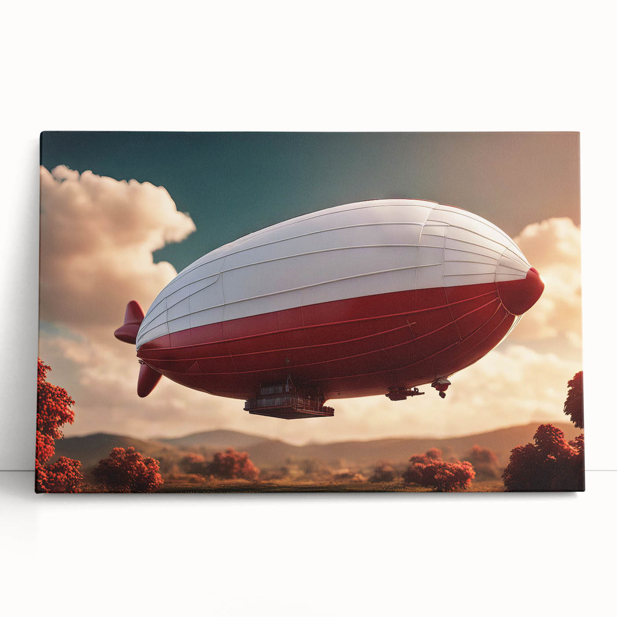 Large black and white airship illustration on stretched canvas, ideal for kitchen wall art.
