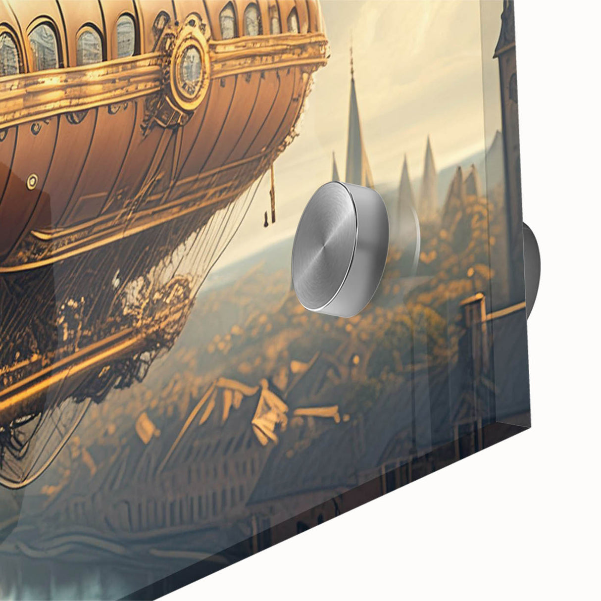 Mid-century modernist airship in muted blues and grays on acrylic glass, ideal for dining room art.