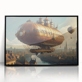 Large abstract wall art featuring a mid-century modernist airship design in muted gray and blue tones on framed acrylic.