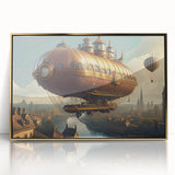 Mid-century modernist airship design in neutral and gold tones on a framed acrylic, suitable for nursery wall art.
