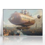 Art deco airship poster in muted gray and blue tones, framed acrylic, ideal for nursery wall decor.