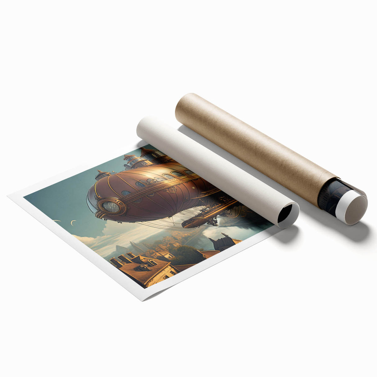 Extra large rolled print featuring a detailed airship design in muted earth tones, ideal for classy bathroom wall art.