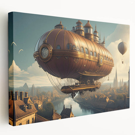Vintage airship illustration in muted sepia tones on stretched canvas, suitable for kitchen wall art.