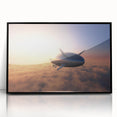 Large abstract wall art featuring a mid-century modernist airship design in black and white tones, acrylic framed.