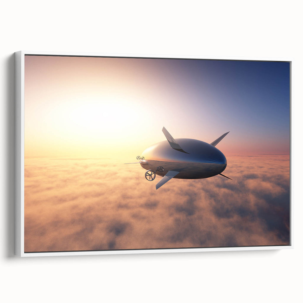 Framed canvas featuring a vintage airship design in black with colorful accents, ideal for adding a retro touch to any room.