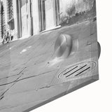 Mid-century modernist large abstract bicycle art in muted tones on acrylic glass, ideal for dining room decor.