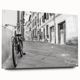 Acrylic print of a large abstract bicycle design in neutral shades, suitable for bedroom or dining room decor.