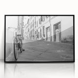 Large abstract wall art featuring a stylized bicycle in black and white tones, framed in acrylic.
