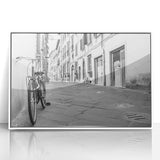 Art deco poster of a vintage bicycle in monochrome tones, framed acrylic, ideal for nursery wall decor.