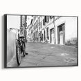 Black and white vintage poster art of a bicycle, framed canvas, ideal for bedroom wall decor.